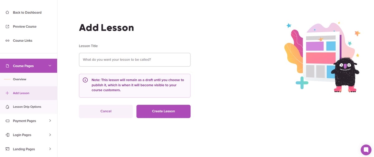 Teachery course creation interface for course creators, offering simple tools to create and organize lessons as a Teachable alternative.